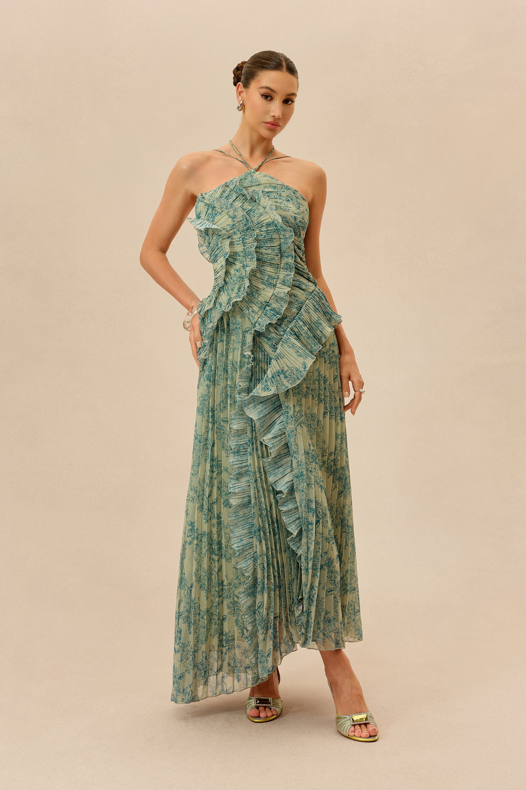 Dark Green Floral Halter Chiffon Maxi Dress - view 2