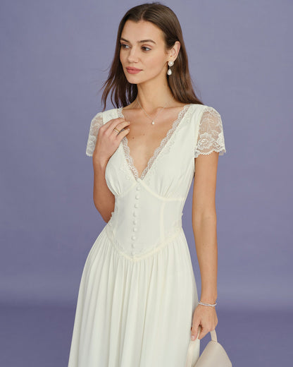 Apricot Lace V-Neck Maxi Dress - view 3