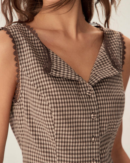 Brown Plaid Cotton Vest, Slim Fit - view 5