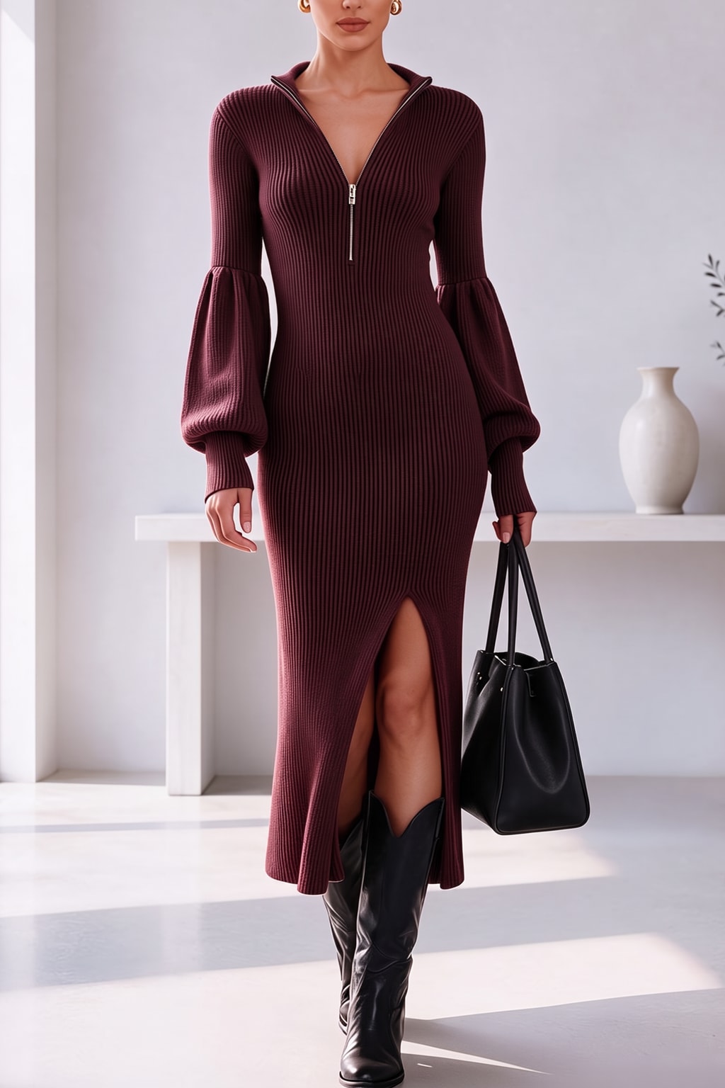 Ribbed Knit Midi Dress With Lantern Sleeves - 6