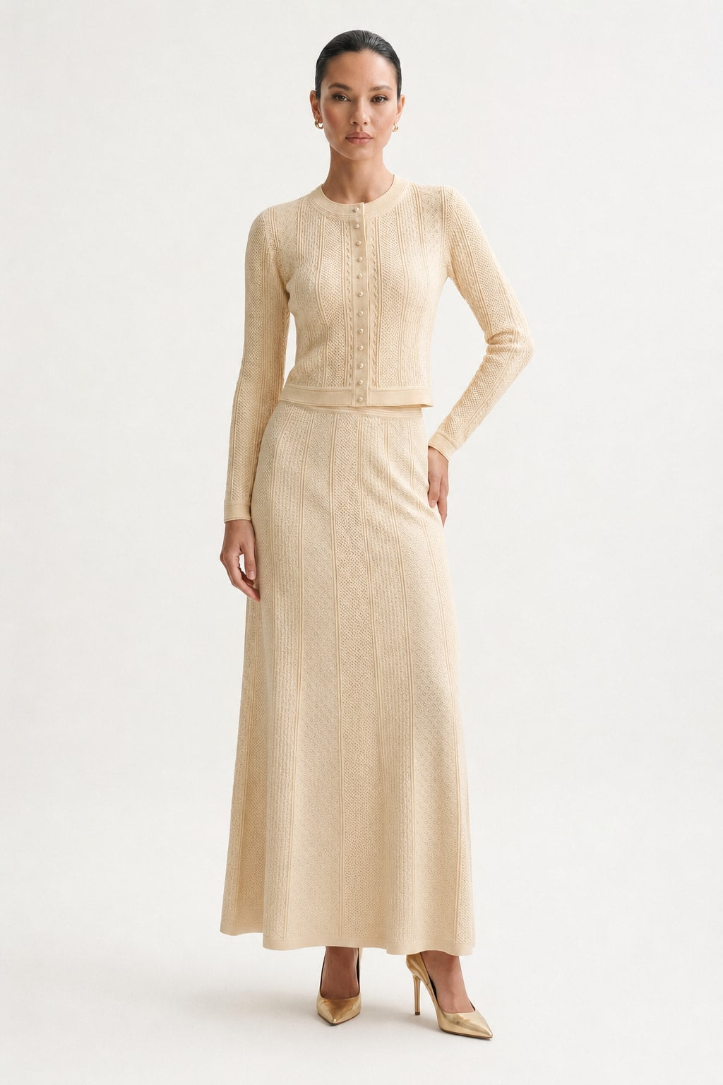 Viscose Blend Knit Cardigan And Skirt Set - 2