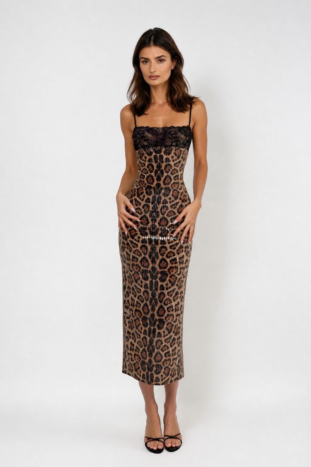 Polyester Spaghetti Strap Sequin Leopard Maxi Dress - 2