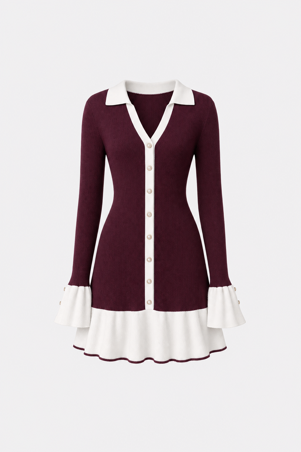 Wine red ribbed sweater dress with contrast trim