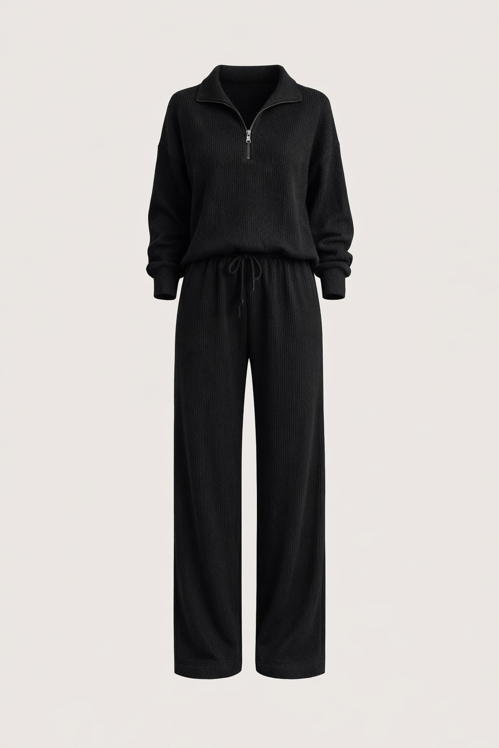 Polyester Knit Loungewear Set With Half-Zip Top - 1