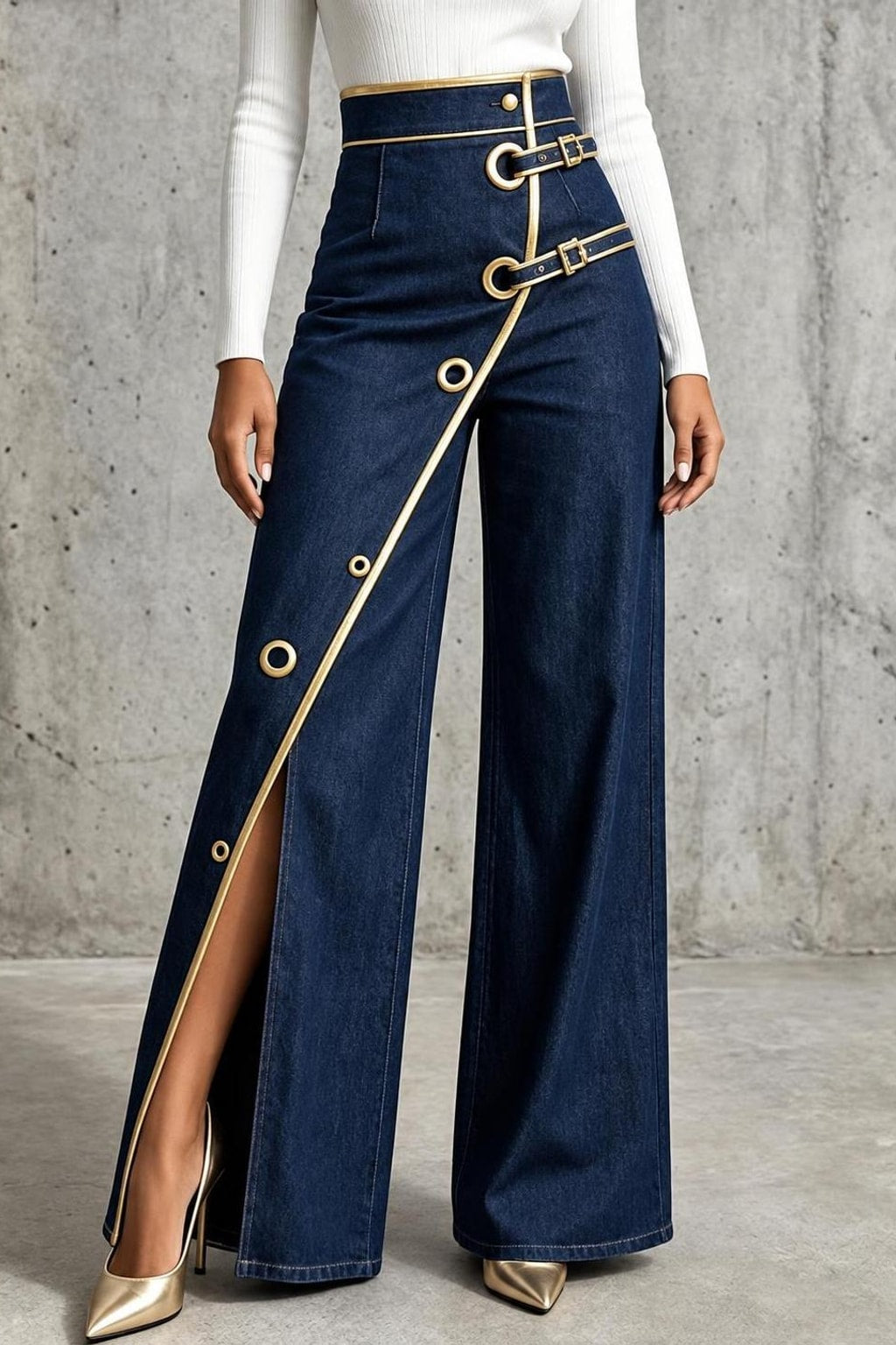 Cotton High-Waisted Wide-Leg Jeans With Gold Piping - 3