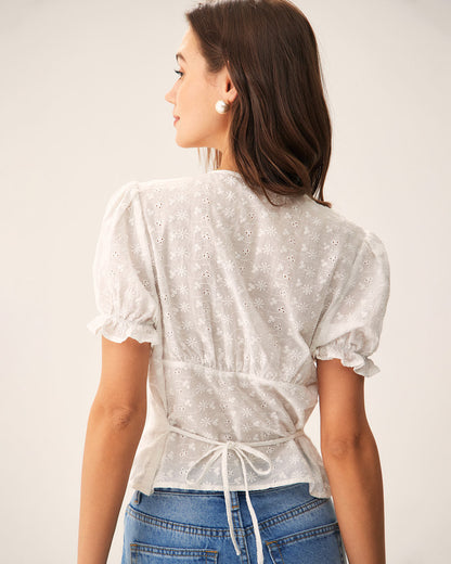 White Floral Eyelet Cotton Blouse, Tie Back - view 3