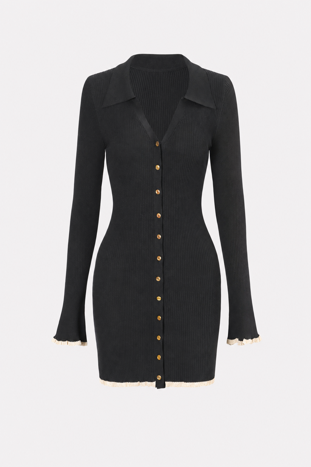 Black V-Neck Long Sleeve Mini Dress