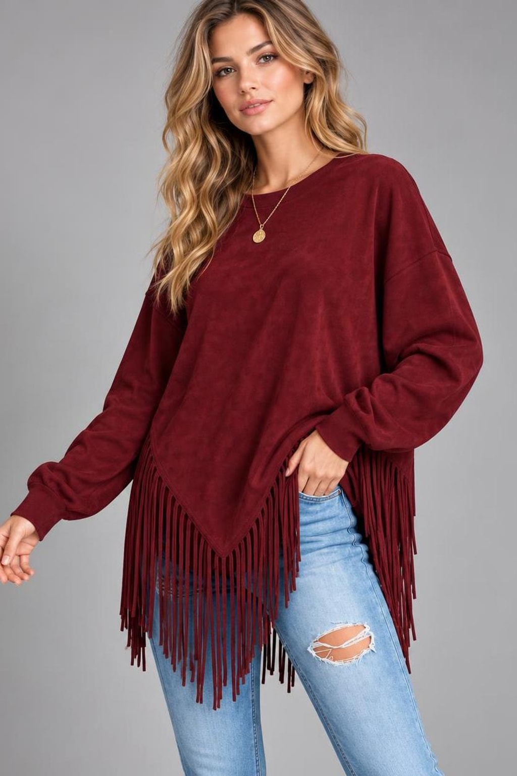 Tassel-Trim Loose Fit Pullover Hoodie - 3
