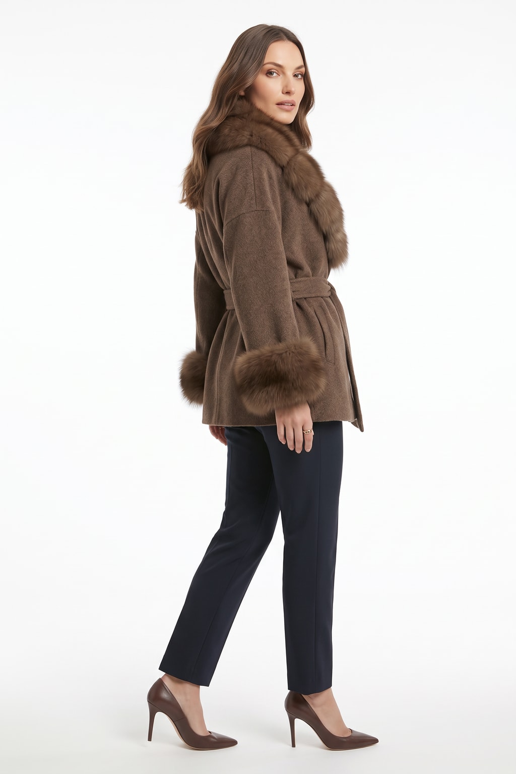Double-Sided Wool Coat With Fur Collar - 4