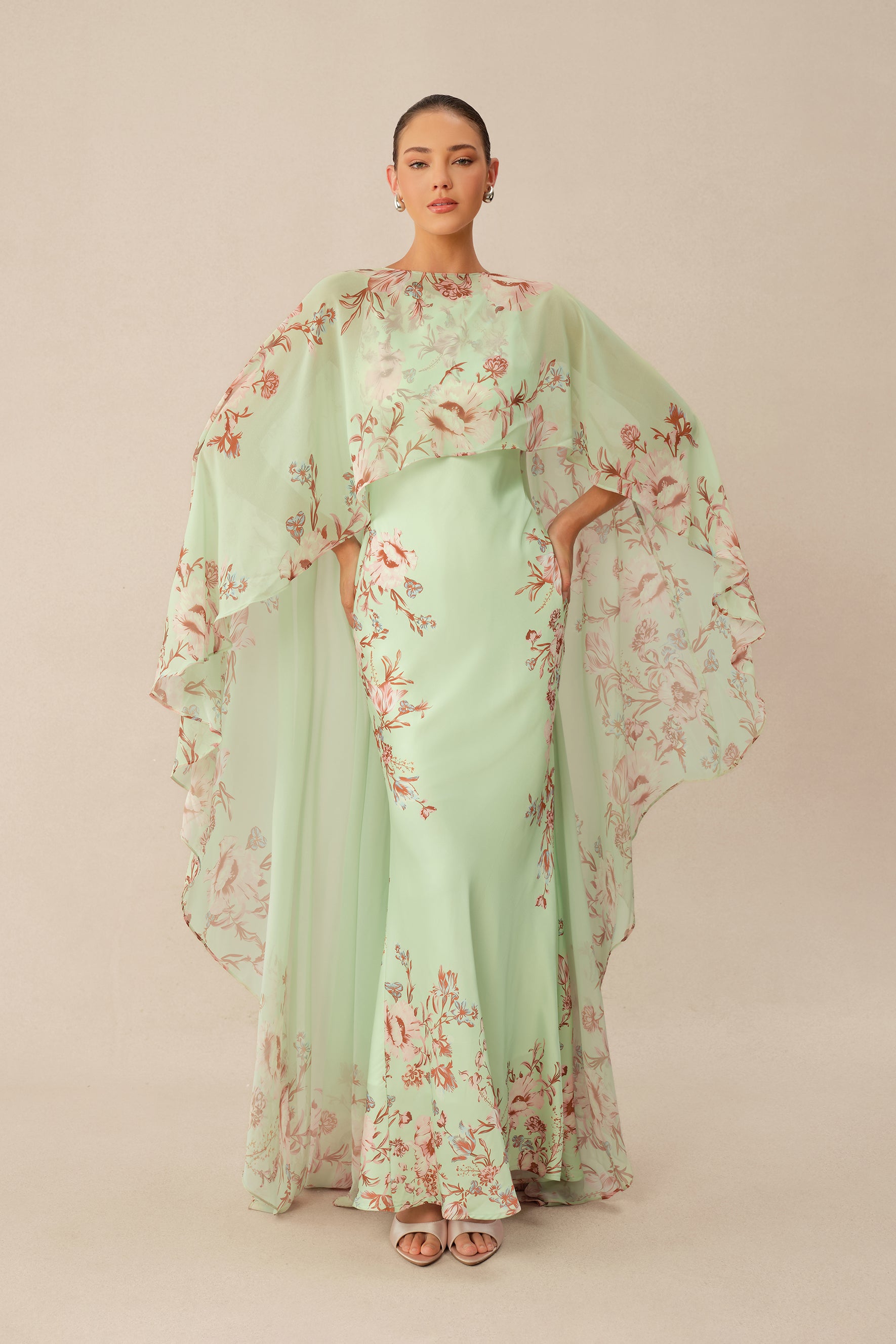 Green floral maxi dress with chiffon cape overlay - view 2