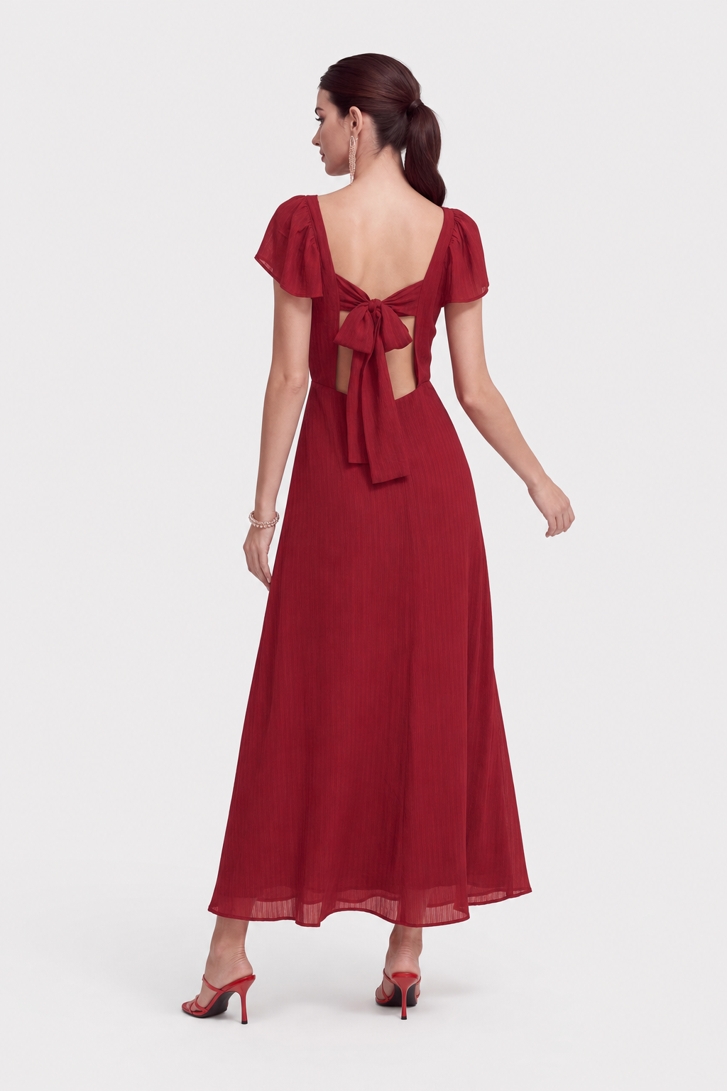 Red sweetheart neck jacquard maxi dress with side slit - view 3