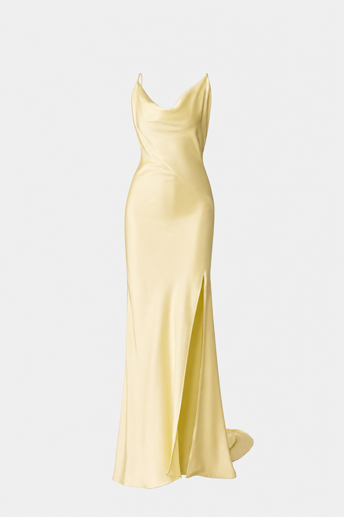 Yellow satin cowl neck maxi dress with high slit