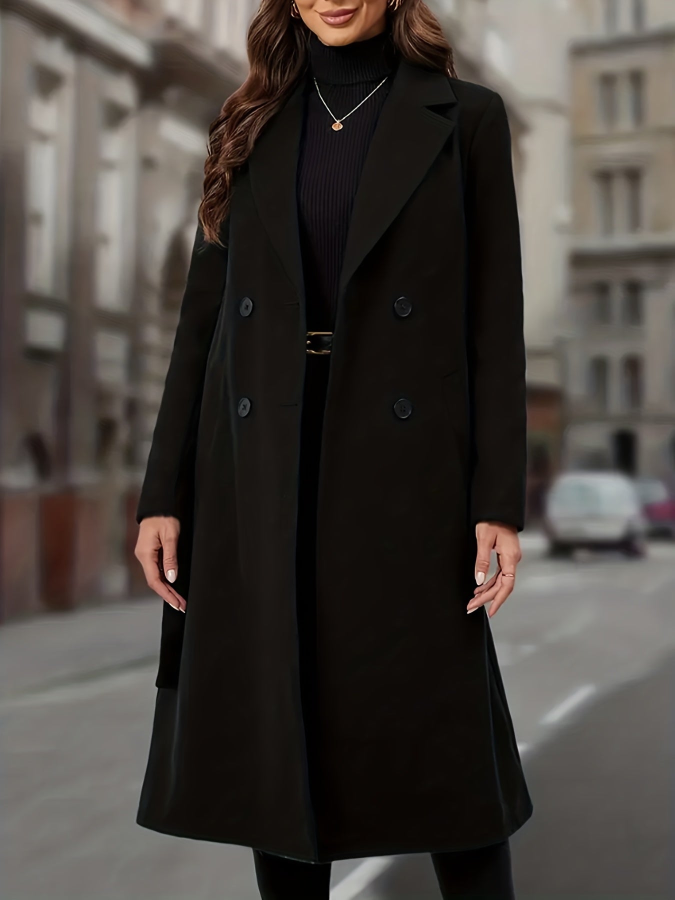 Black double-breasted long coat - view 4