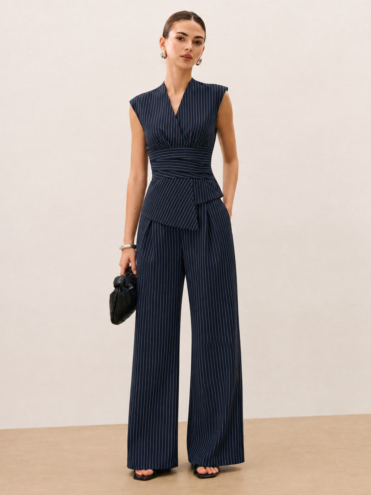 Navy woven pinstripe top and pant set - view 2