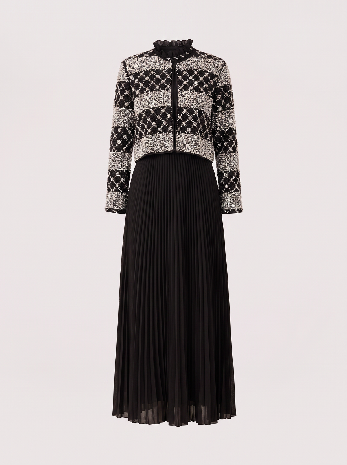 Black ruffle collar jacket and pleated maxi set