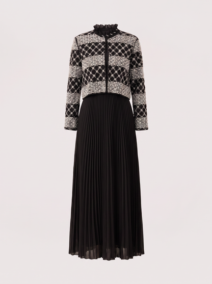 Black ruffle collar jacket and pleated maxi set