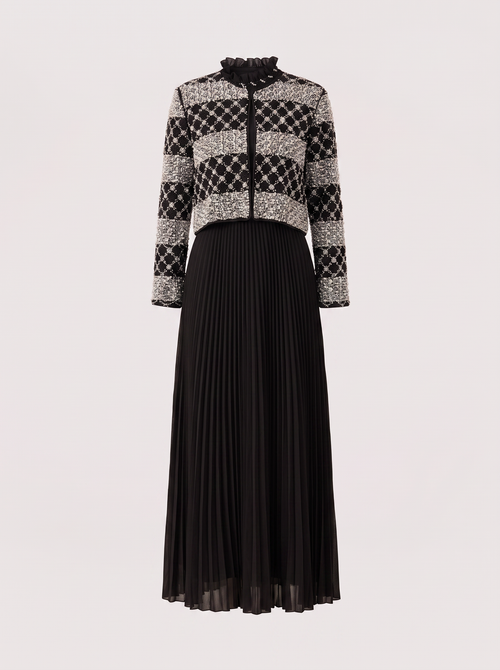 Black ruffle collar jacket and pleated maxi set