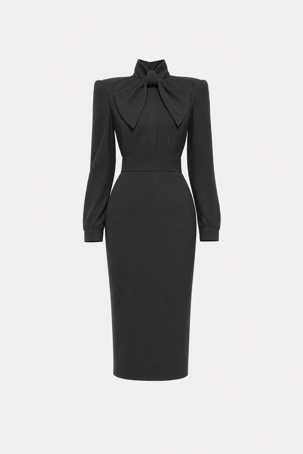 Satin pencil work dress with high-neck bow - view 6