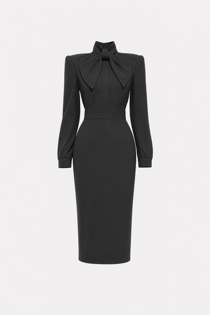 Satin pencil work dress with high-neck bow - view 6