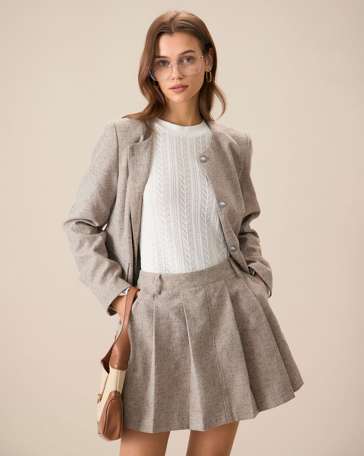 Khaki Single-Breasted Round Neck Blazer - view 2