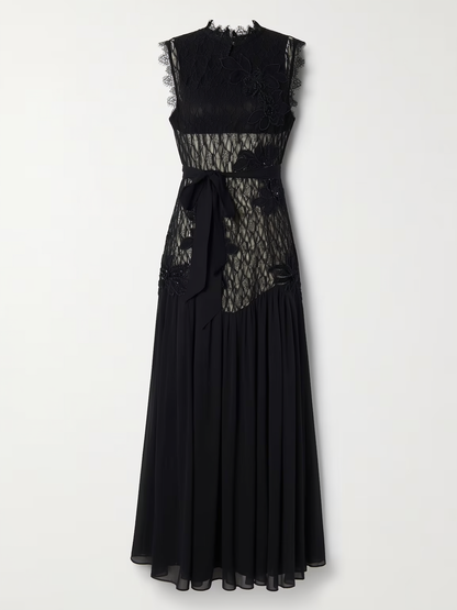 Floral Applique Lace and Chiffon Maxi Dress