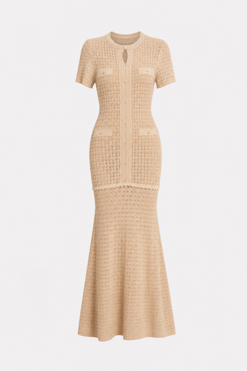 Khaki Crochet Knit Mermaid Maxi Dress