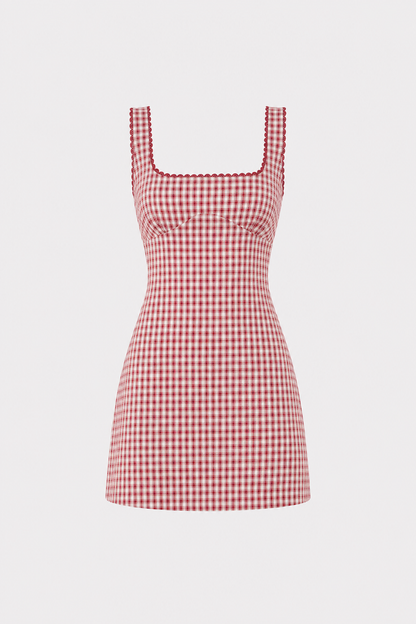 Red plaid cotton slip mini dress with square neck