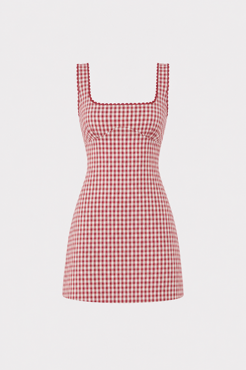 Red plaid cotton slip mini dress with square neck