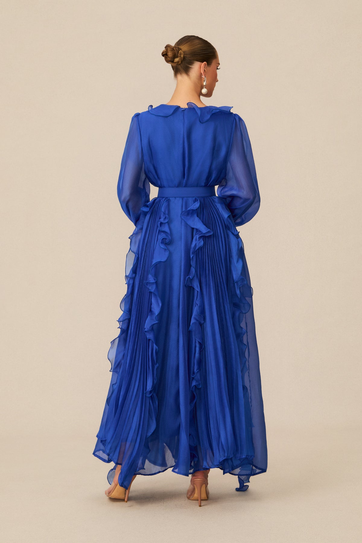 Cobalt Blue Ruffle Trim Maxi Dress with V-Neck - view 4