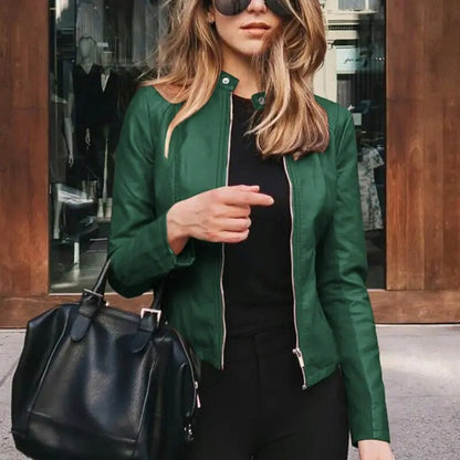 Faux Leather Moto Jacket with Band Collar - view 5