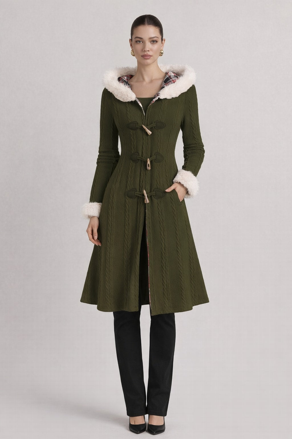 Knit Hooded Overcoat With Checkered Patchwork - 5