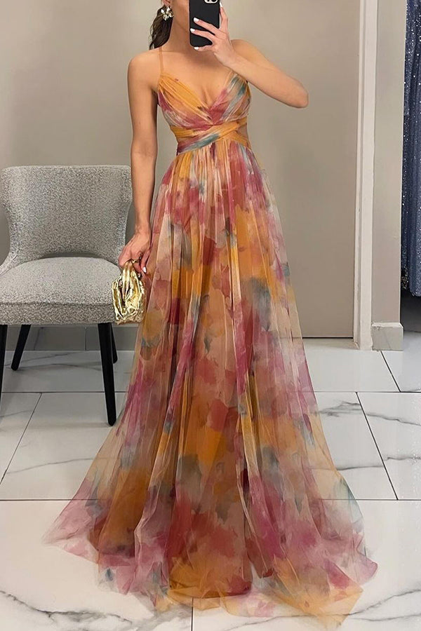 Tulle floral maxi dress with cutout waist - view 2