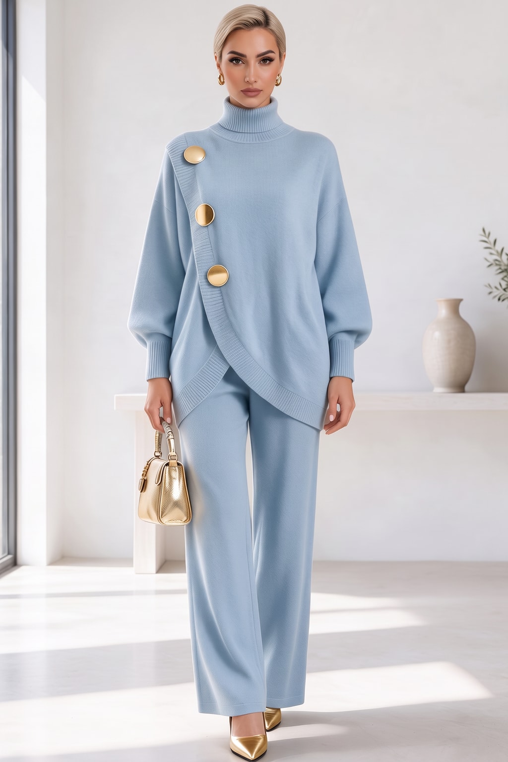 Knit Two-Piece Set With High Neck And Wide Leg Pants - 7
