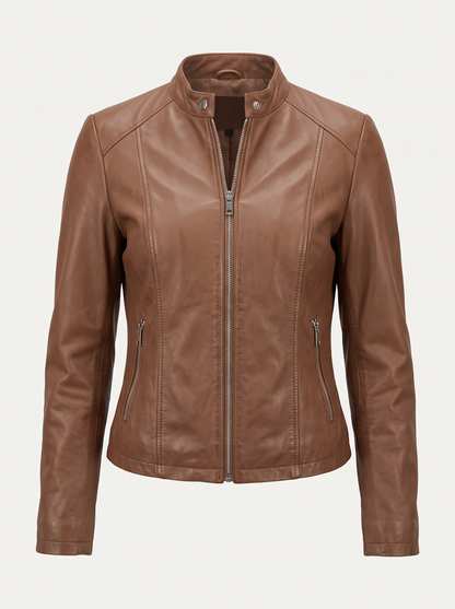 Faux Leather Moto Jacket with Band Collar
