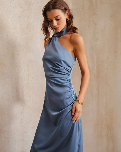 Blue One-Shoulder Satin Maxi Dress - view 3