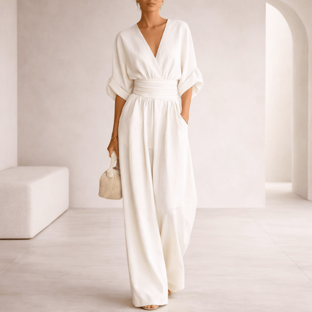 Wide leg V-neck jumpsuit with draped waist - view 2