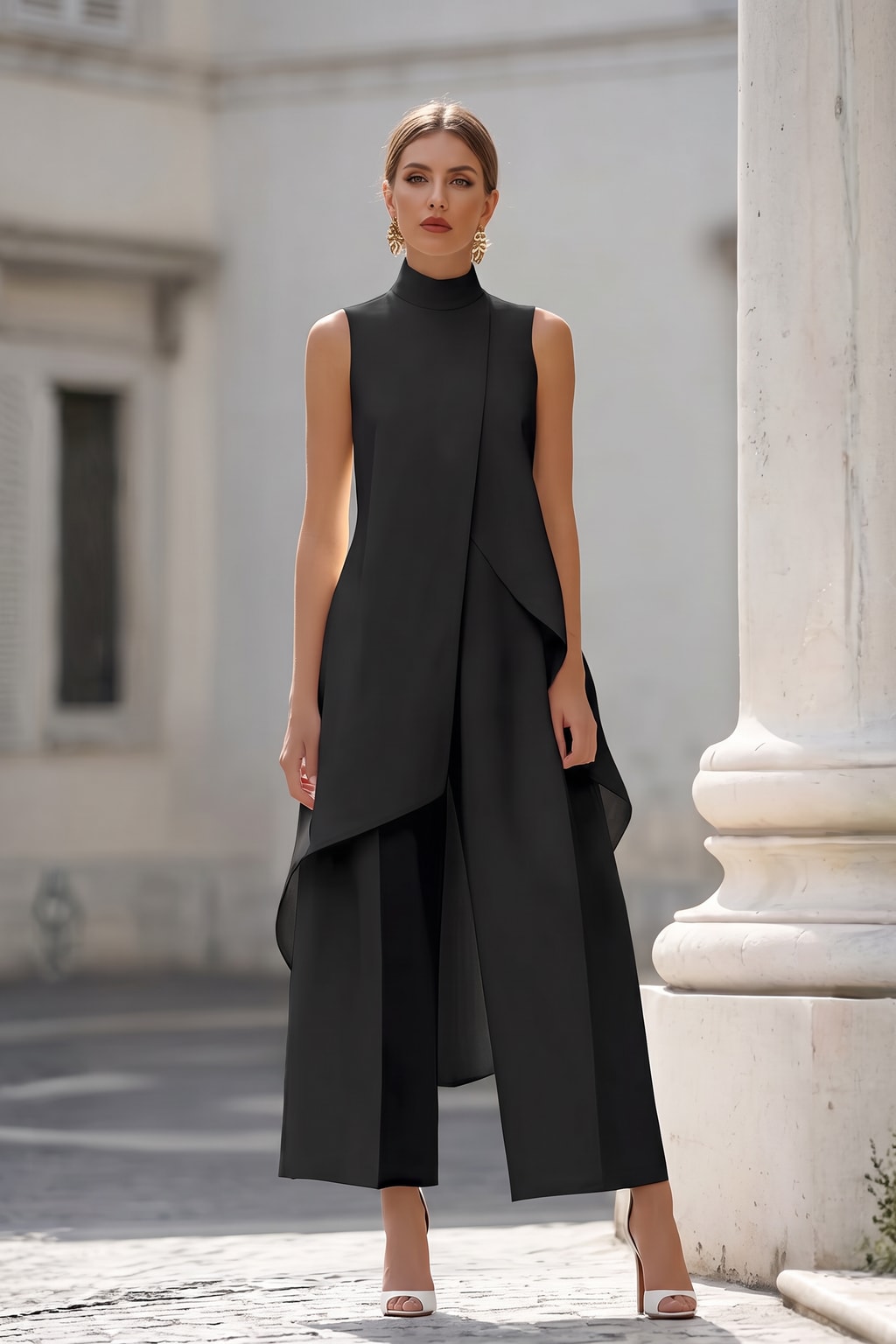 Sleeveless Wide-Leg Jumpsuit With Asymmetric High Neck - 4