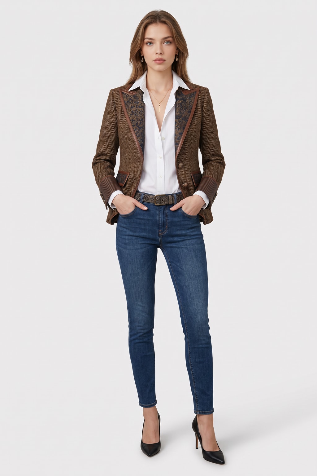 Tweed Long Sleeve Blazer With Printed Panels - 2