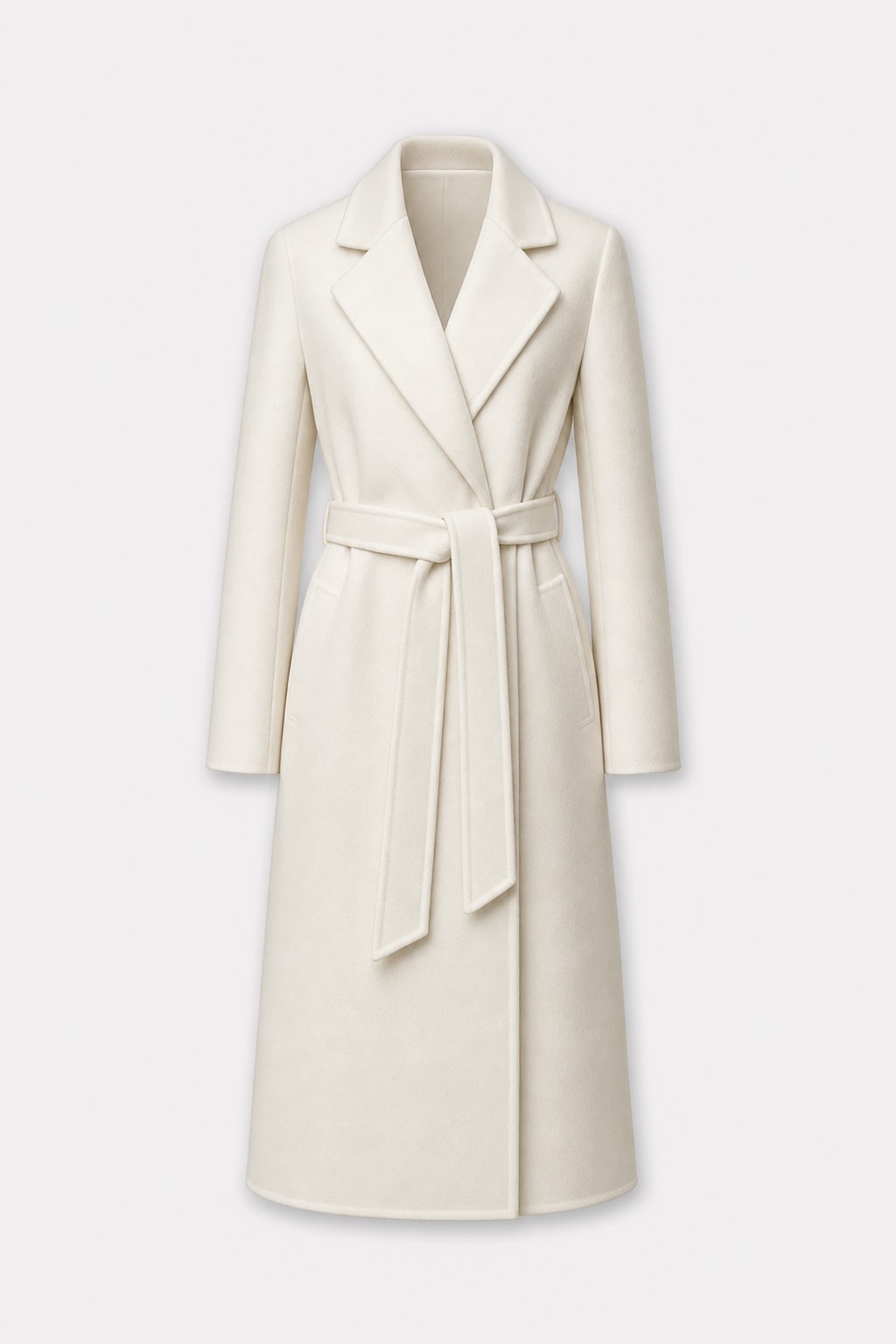 Warm White Belted Wrap Coat with Wide Lapel - 1