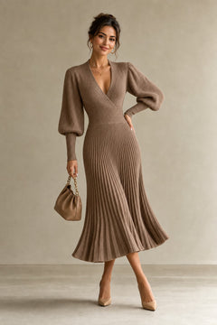 Balloon Sleeve V-Neck Midi Dress - 5