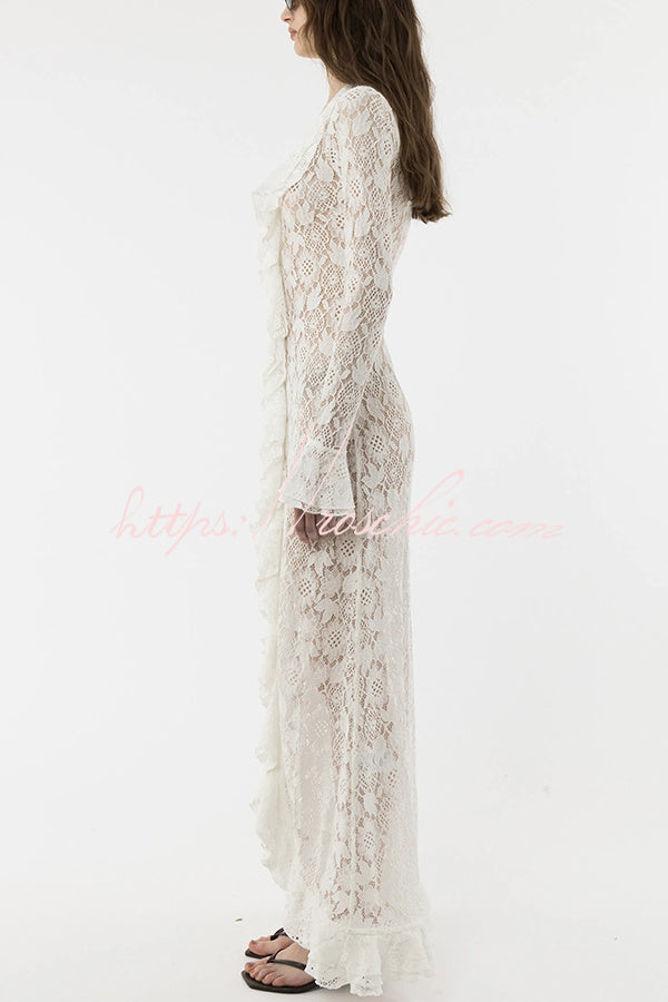 Bell Sleeve Lace Maxi Dress in White - view 3