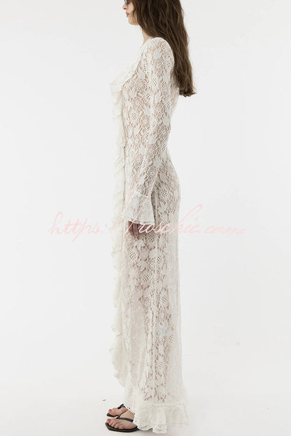 Bell Sleeve Lace Maxi Dress in White - view 3