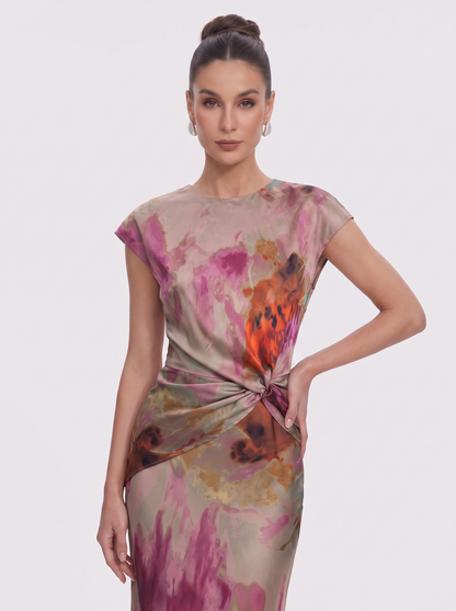Light brown satin twist-knot cutout midi dress - view 3
