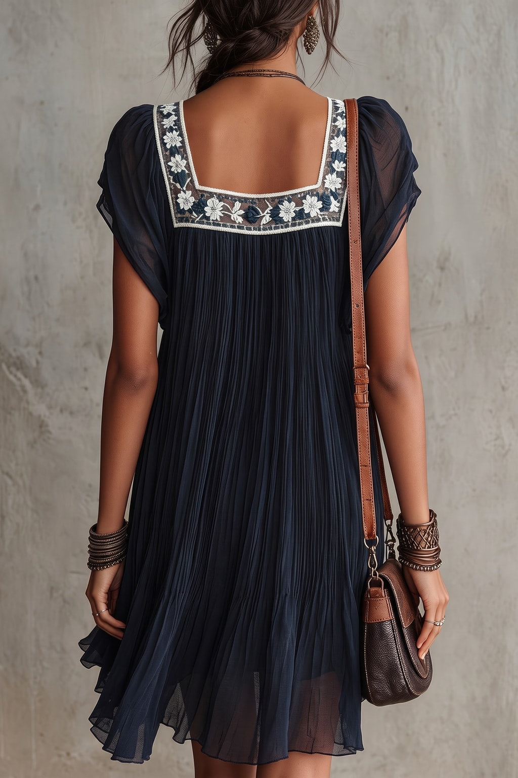 Navy Blue Chiffon Pleated Babydoll Mini Dress - 4