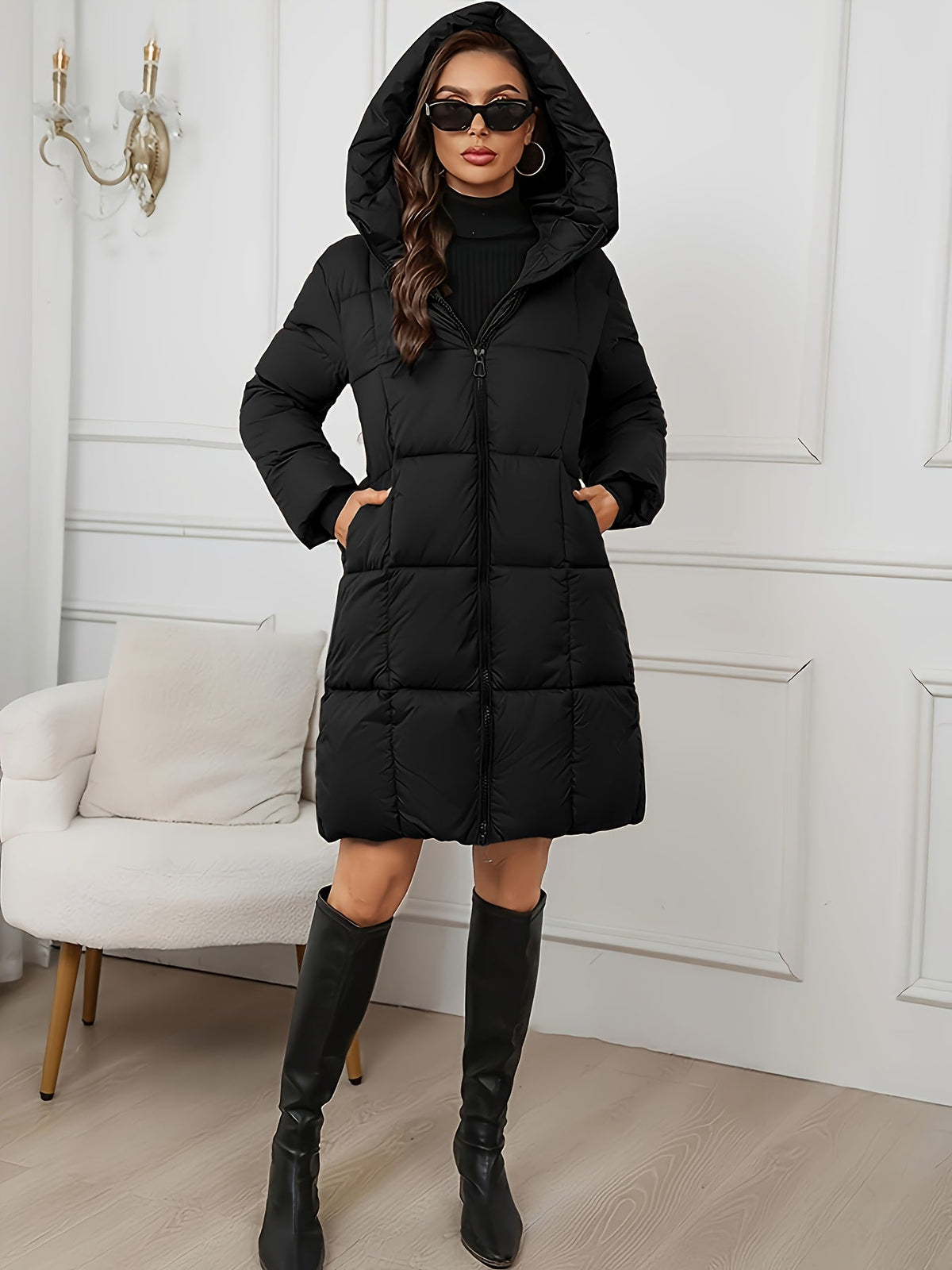 Hooded Longline Puffer Coat, Full Zip - view 9