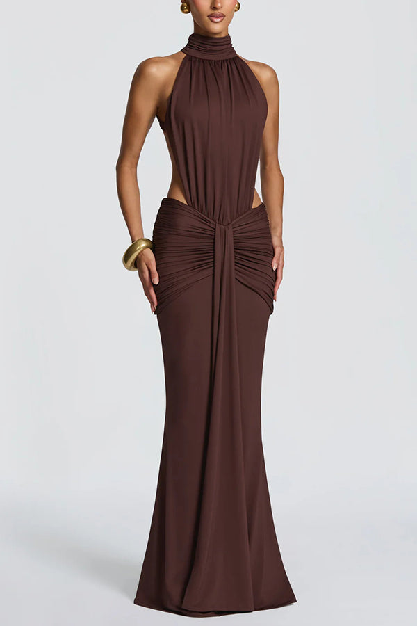 Stretch jersey maxi dress with high neck and open back - view 4