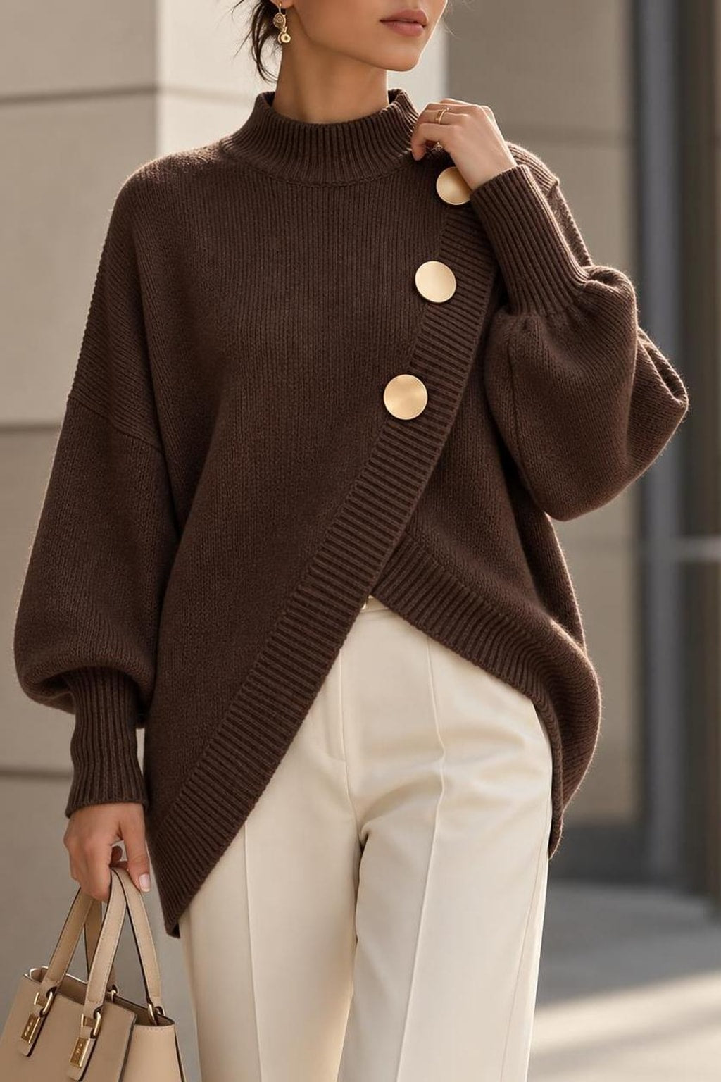 Soft Knit Asymmetrical Hem Button Pullover Sweater - 7