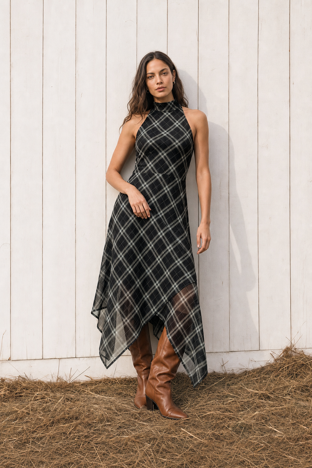 Plaid Jersey Halter Maxi Dress - view 2