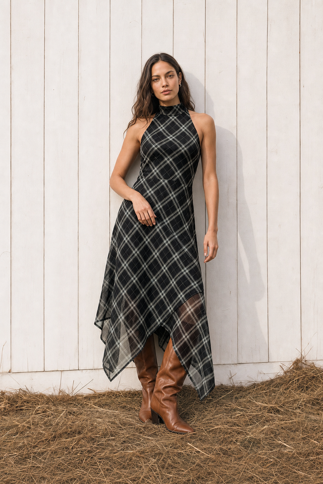 Plaid Jersey Halter Maxi Dress - 2