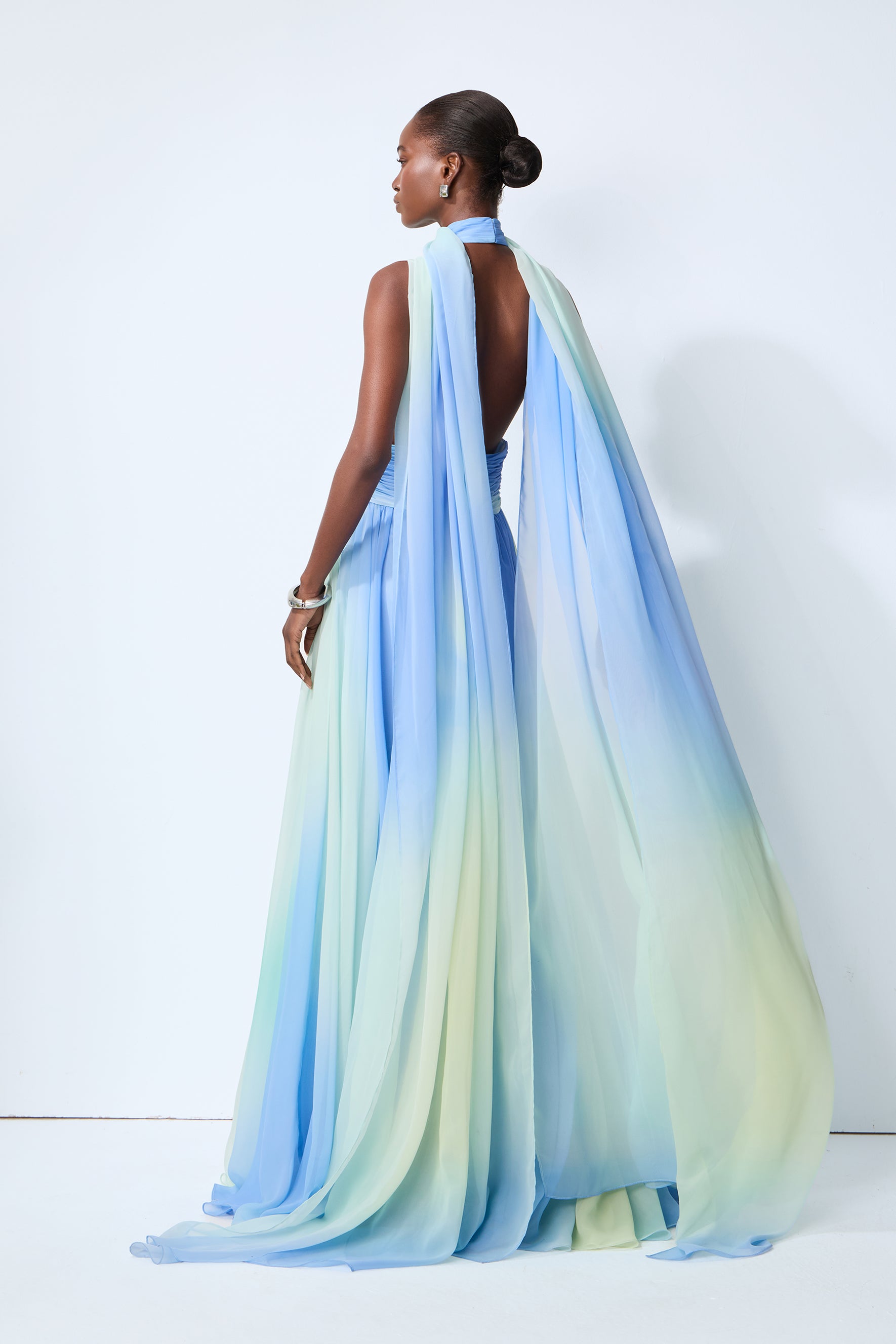 Ombre Chiffon Maxi Dress With Cape Scarf - view 4